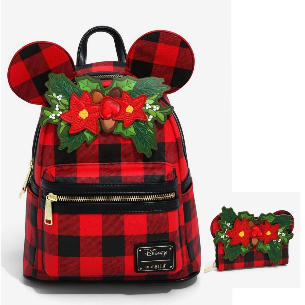 Loungefly Disney Minnie Mouse Plaid Holiday Mini Backpack & Small Zip Wallet